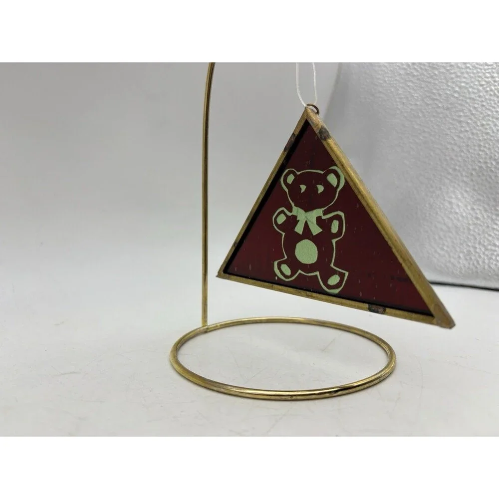 Vintage Stained Glass Teddy Bear Christmas Ornament Red Triangle Brass Frame